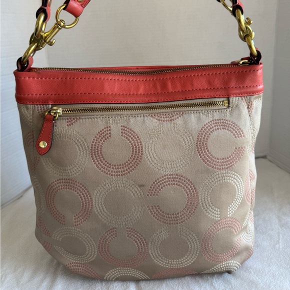 Coach Ashley Dotted Op Art Hippie Beige And Coral Shoulder Crossbody Bag #F20088 - Picture 5 of 16